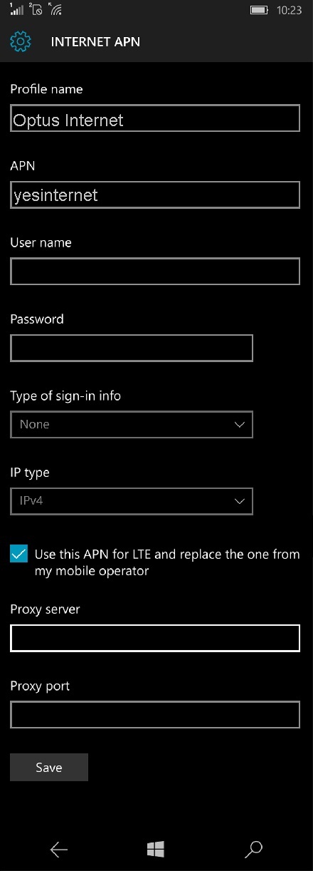 Optus APN Settings for Windows Phone 10