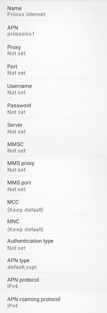 Primus APN Settings for Android Samsung Galaxy S4 S5 S6 HTC Desire Wildfire