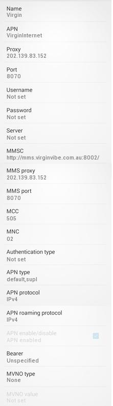 Virgin Mobile Australia 4G APN Settings for Android HTC Desire Wildfire Samsung Galaxy S3 S4 S5 S6 Nexus Xperia LG 