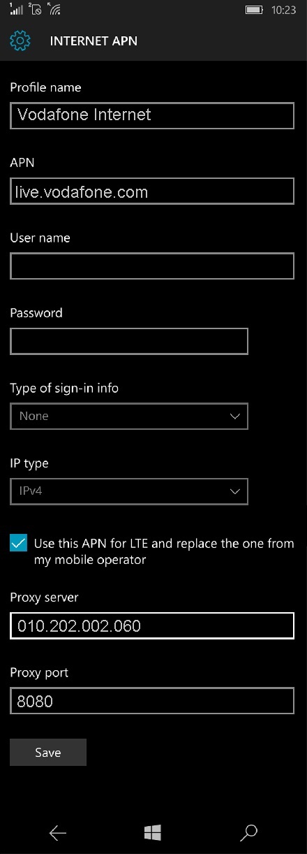 Vodafone APN Settings for Windows Phone