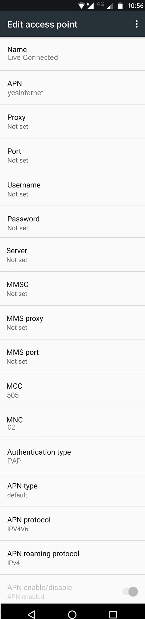 Live Connected APN Settings