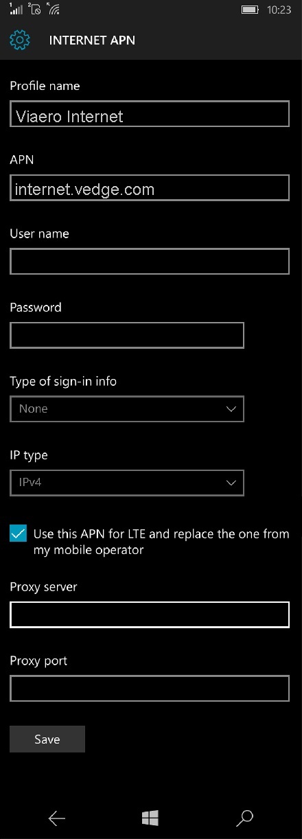 Viaero APN settings for Windows Phone