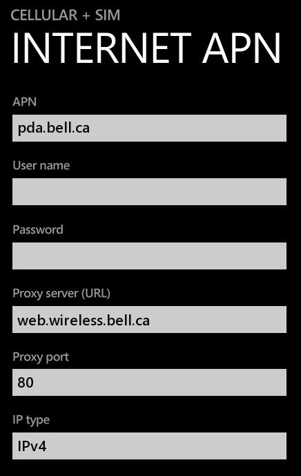 Bell Internet Settings for Windows phone Lumia 920 535
