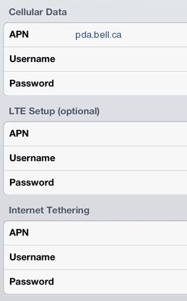 Bell Mobility LTE Internet APN Settings for iPhone