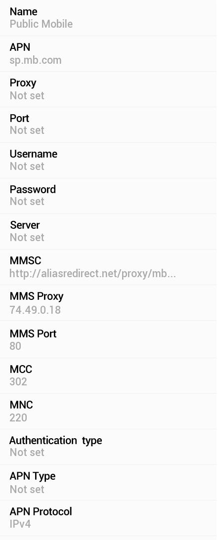Public Mobile APN Settings for Android HTC Samsung Galaxy S3 S4 S5 S6 LG Sony Xperia 