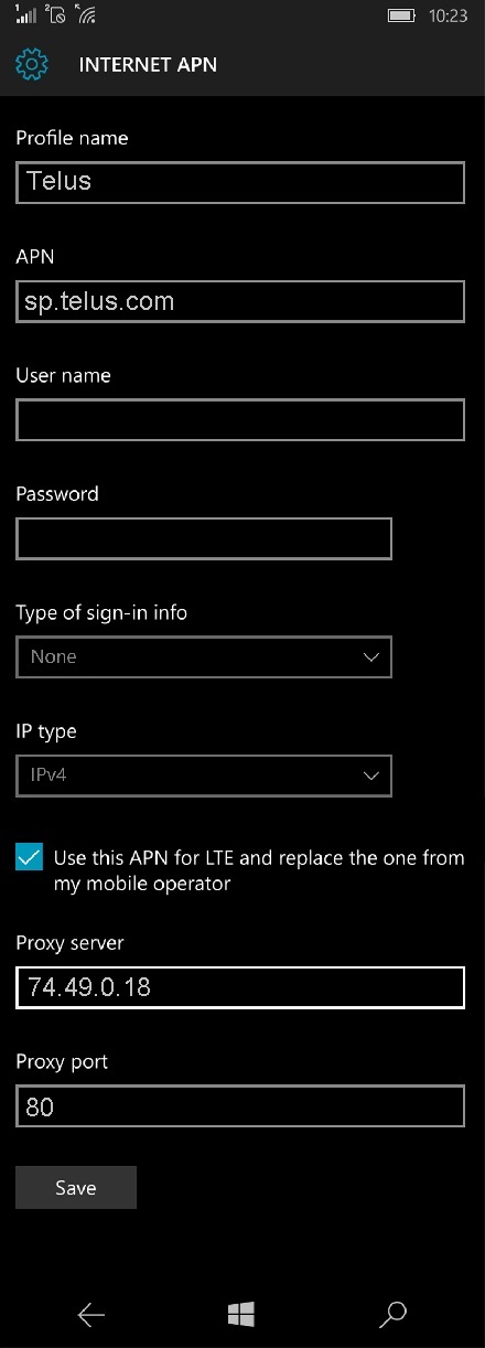 Telus APN Settings for Windows Phone 10