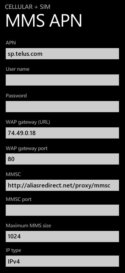 Telus MMS APN Settings for Windows Phone / Nokia Lumia 920 535 1020