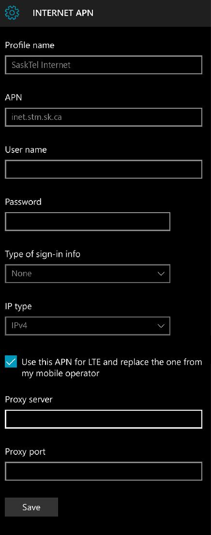 SaskTel APN Settings for Windows Phone