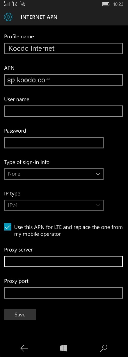 Koodo APN Settings for Windows Phone