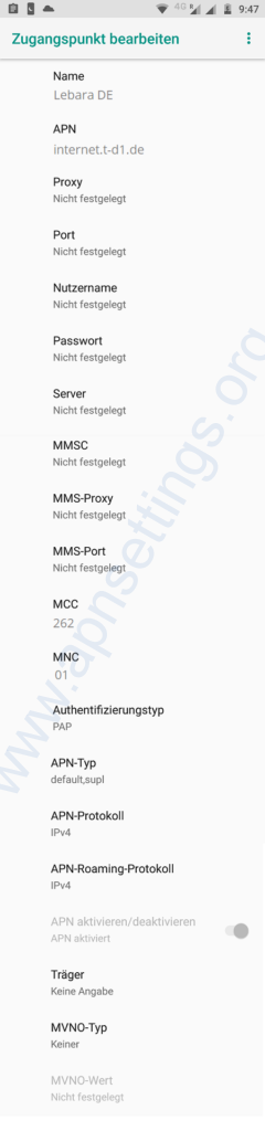 Lebara APN-Einstellungen für Android