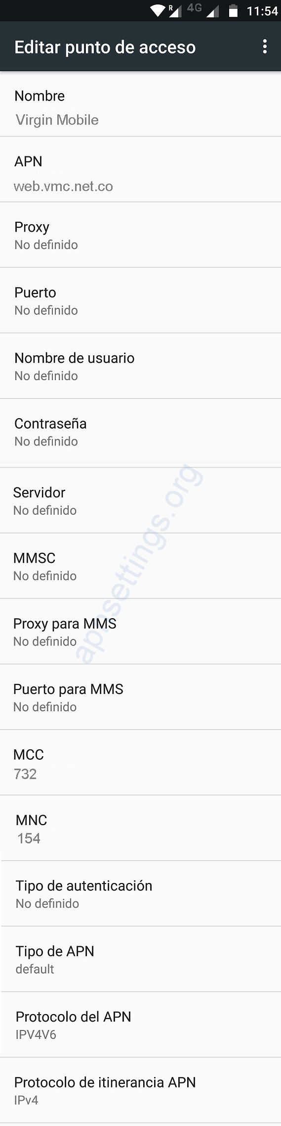 Configurar APN 4G de Virgin Mobile Colombia para Android