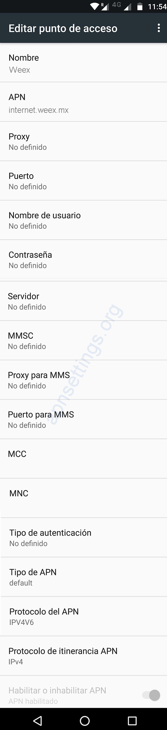 Configuración de APN Weex