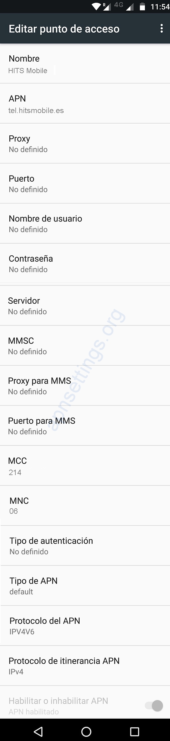 Configurar APN de HITS Mobile España