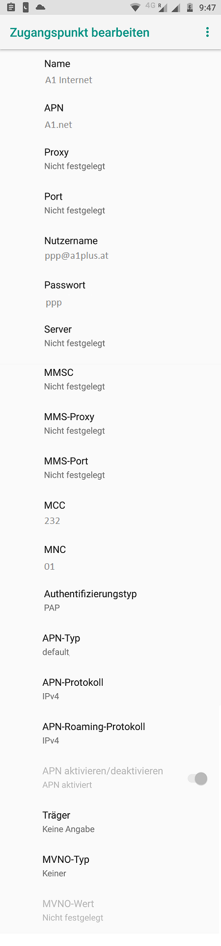 A1 APN Einstellungen LTE Android