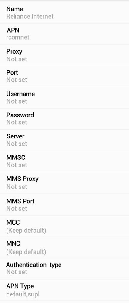 Reliance APN Settings for Android HTC Galaxy Nexus MotoG