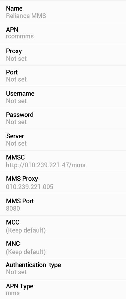 Reliance MMS Settings for Android HTC Galaxy Nexus MotoG