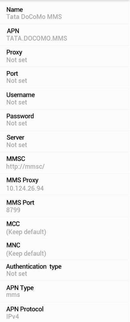 Tata Docomo MMS Settings for Android