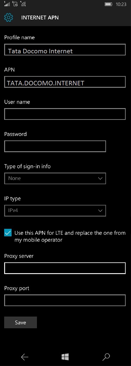 Windows Phone 10 APN for Tata Docomo