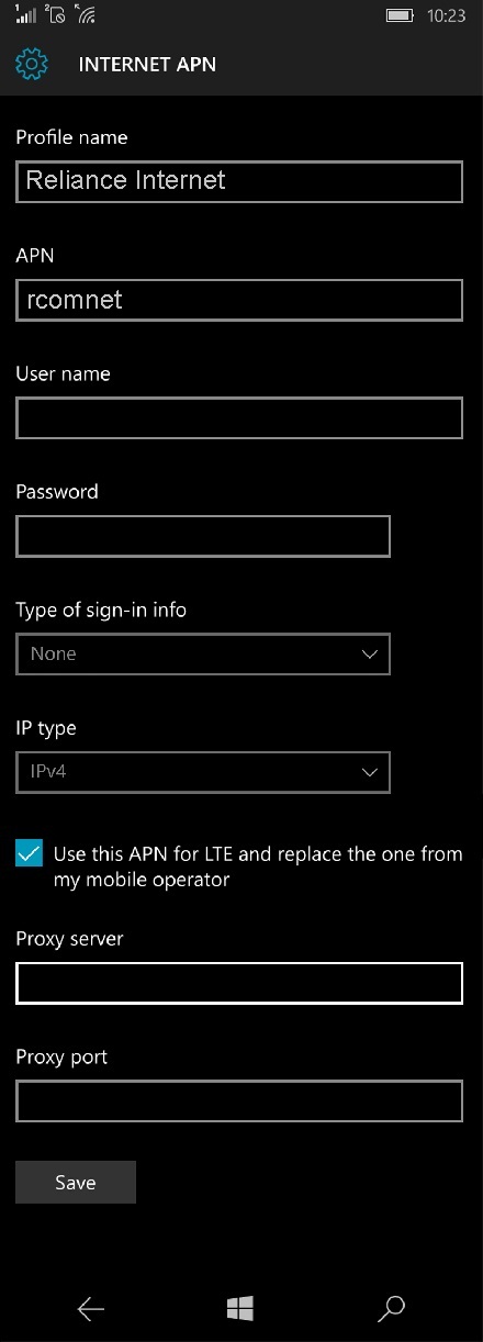 Reliance GSM APN Settings for Windows Phone