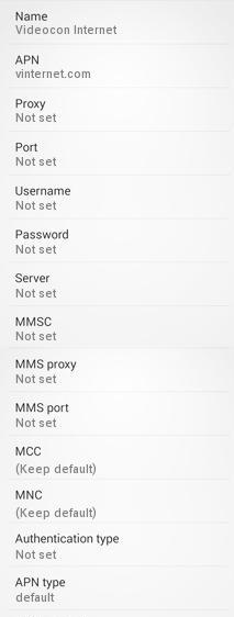 Videocon Internet Settings for Android Samsung Galaxy Micromax Xperia
