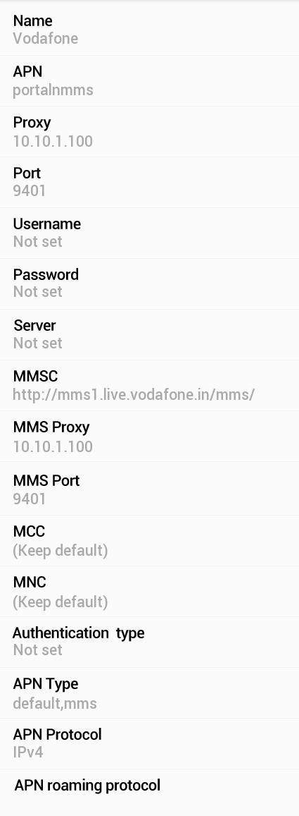 Vodafone India 3G Internet and MMS APN Settings for Android HTC Samsung Galaxy S6 S5 Nexus MotoG Micromax
