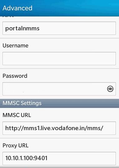 Vodafone India MMS Settings for Blackberry 10