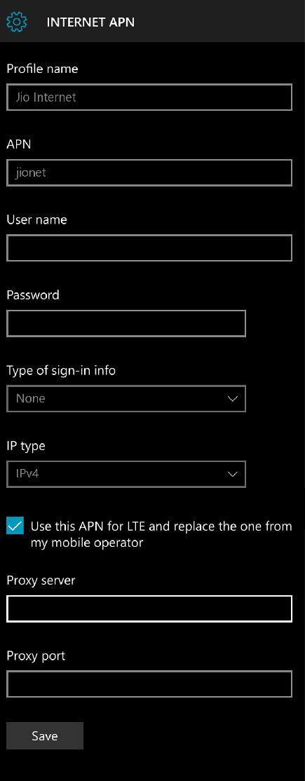 Jio APN Settings for Windows Phone
