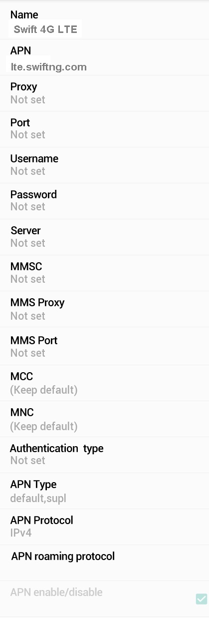 Swift 4G LTE APN Settings for Android