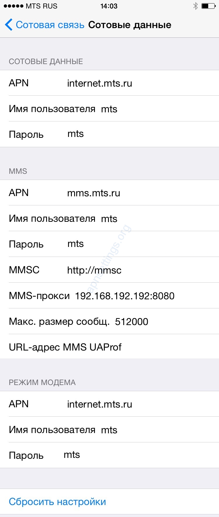 Настройки APN MTC для iPhone