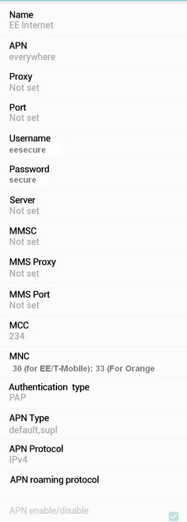 EE APN settings for Android HTC Nexus Galaxy Xperia