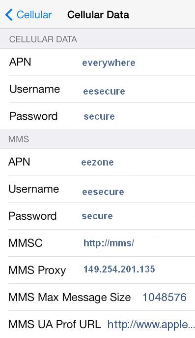 EE APN settings for iPhone 4 4S 5 5C 6 6S Plus UK