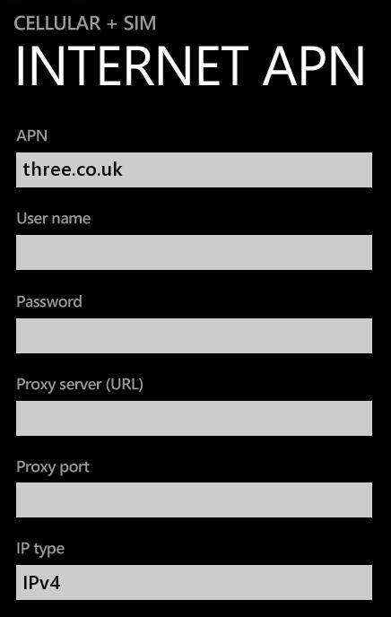 Three UK APN Settings for Windows Phone Lumia