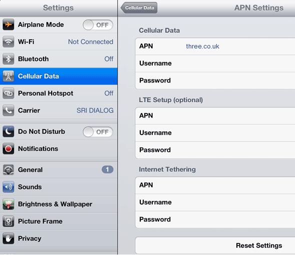 Three UK APN Settings for iPad Mini Pro 3 4