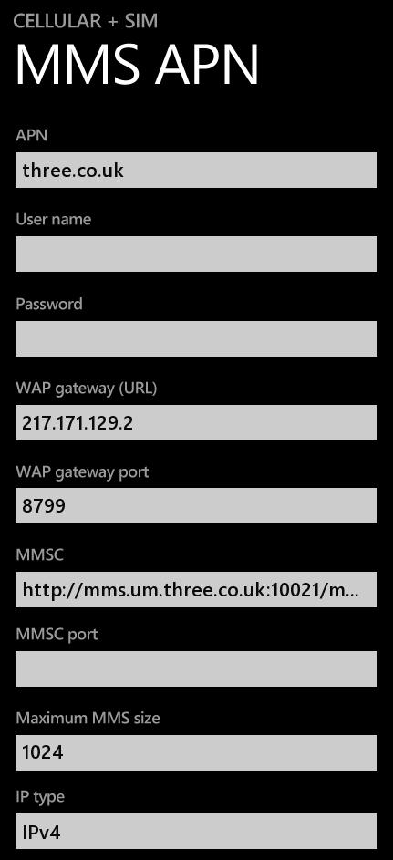 Three UK mms Settings for Windows Phone Lumia