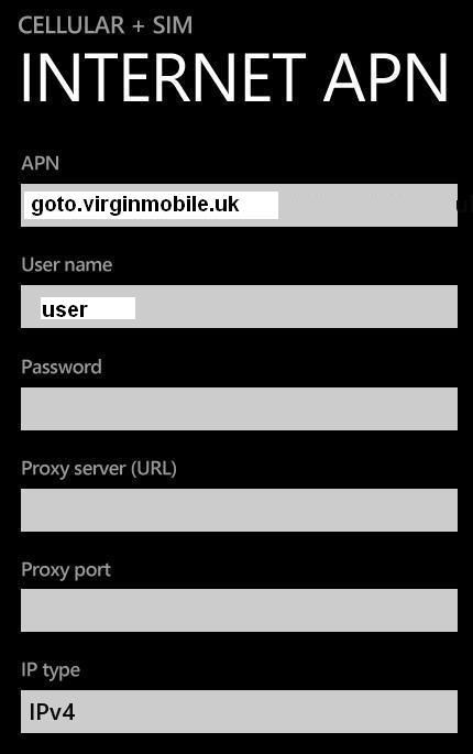 Virgin Mobile UK APN Settings for Windows Phone 8 Lumia