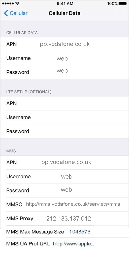 Vodafone UK APN Settings for iPhone PayG