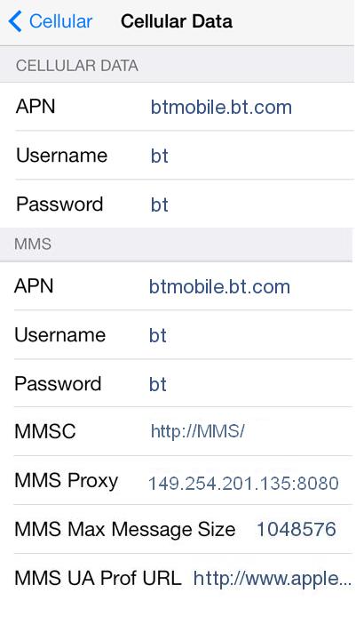 BT Mobile 4G APN Settings for iPhone iPad