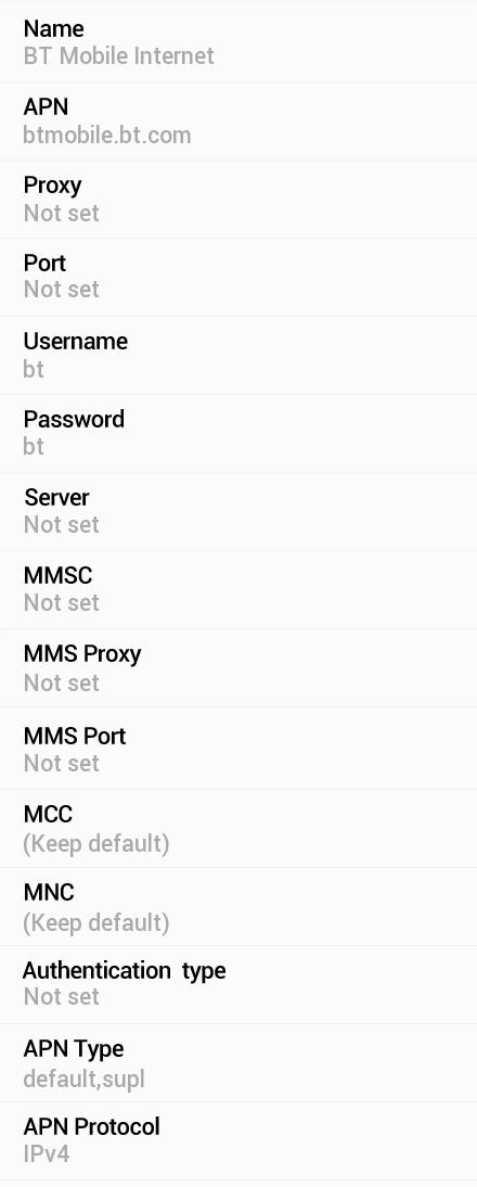 BT Mobile APN Settings for Android
