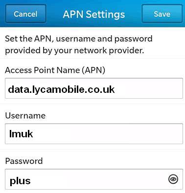 Lycamobile UK Blackberry 4G APN Settings