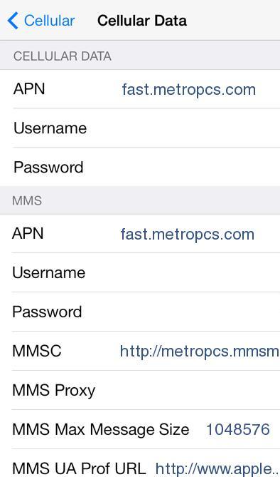 MetroPCS Internet and MMS APN Settings for iPhone 5 4 6 6Plus 4S iPad