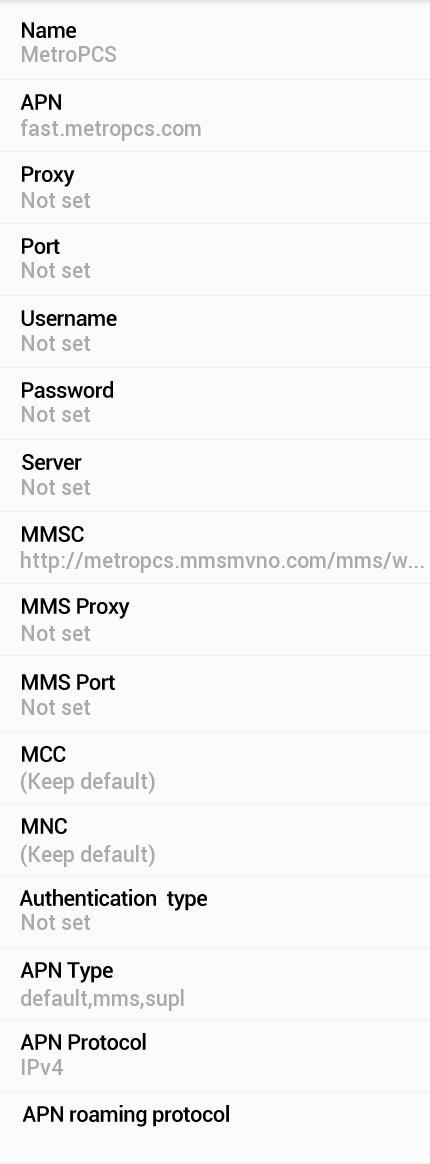 MetroPCS Internet and MMS APN Settings for Galaxy S6 S5 S4 S3 Android HTC One Nexus LG G3 Note