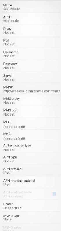 GIV Mobile APN Settings for Android