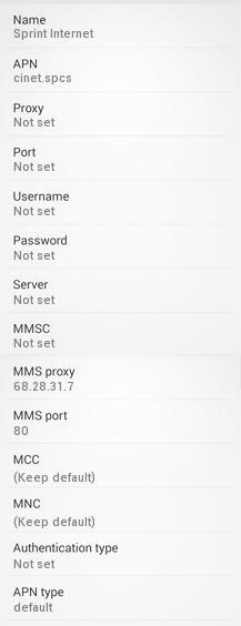 Sprint Internet and mms Settings for Android / Galaxy /HTC/
