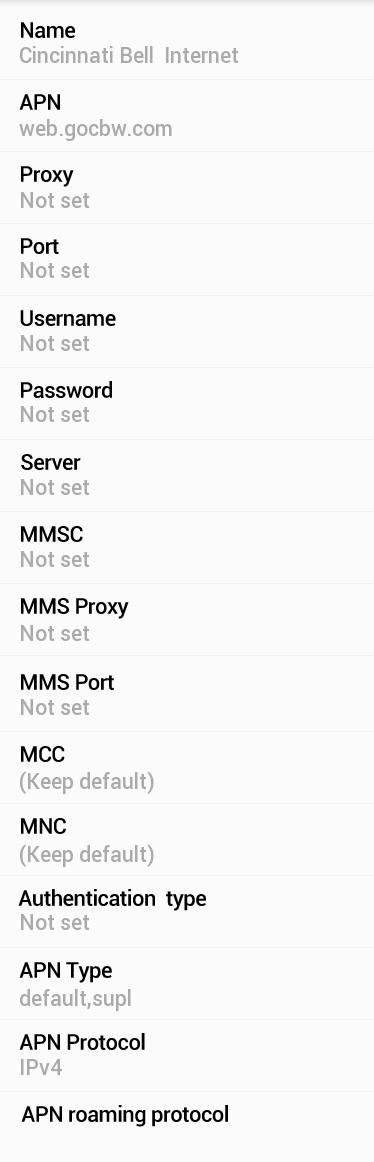 Cincinnati Bell Internet and mms Settings for Android