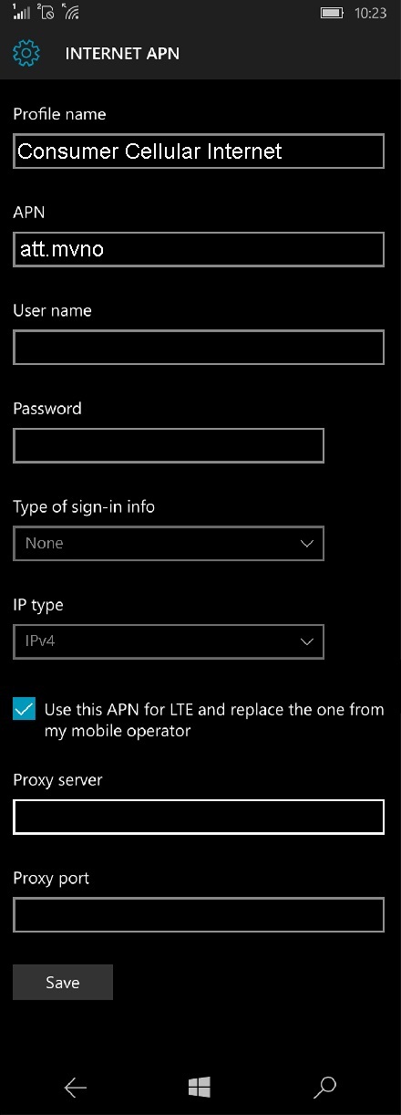 Consumer Cellular APN Settings for Windows Phone