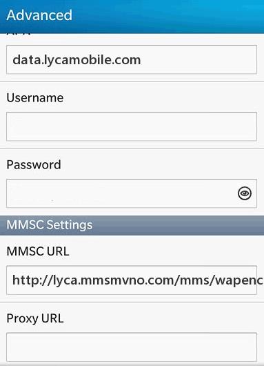 LycaMobile USA MMS Settings for Blackberry 10