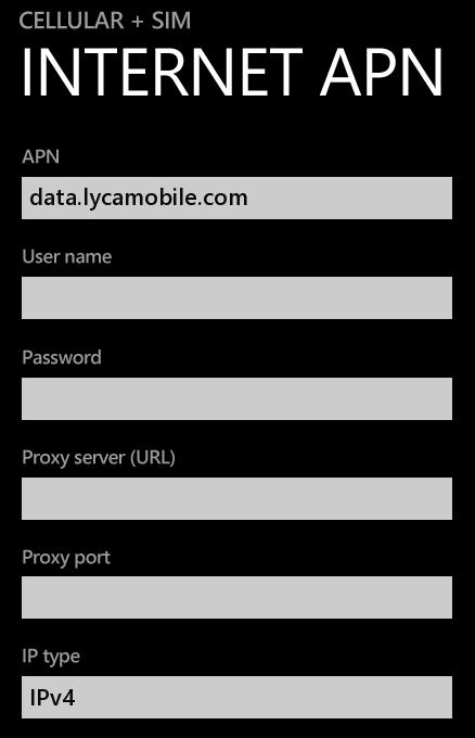 Lycamobile USA APN Settings for Windows Phone