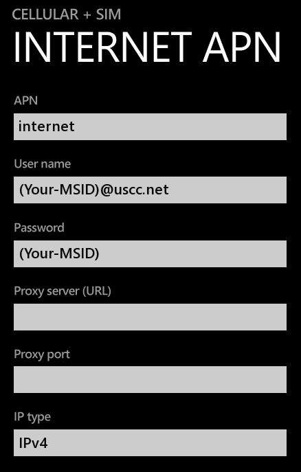 US Cellular Internet Settings for Windows Phone