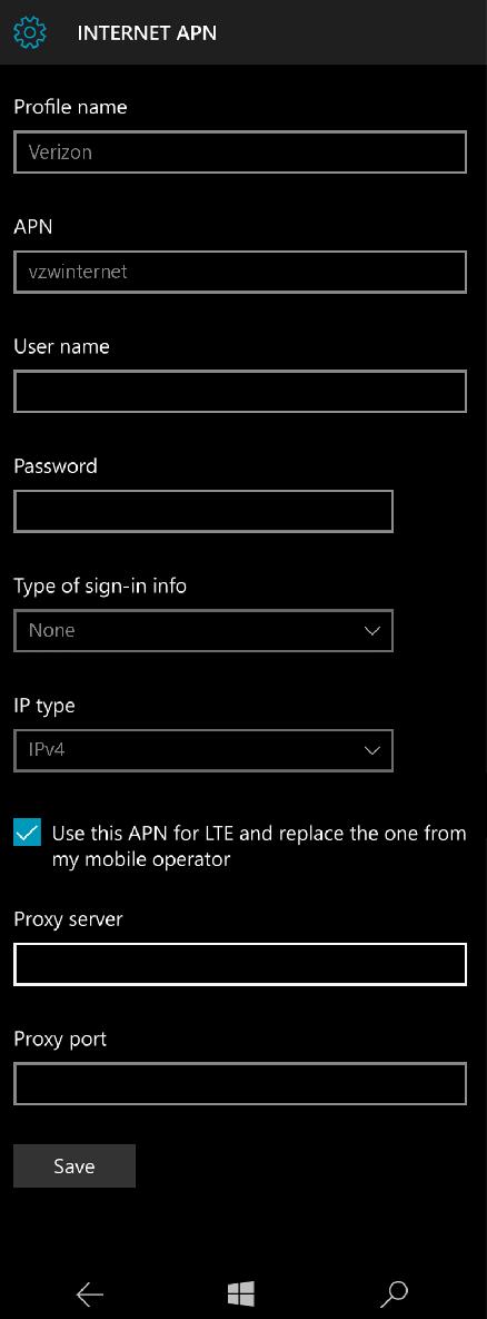 Verizon APN Settings for Windows Phone 10