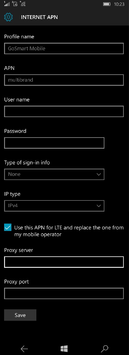 GoSmart APN Settings for Windows Phone